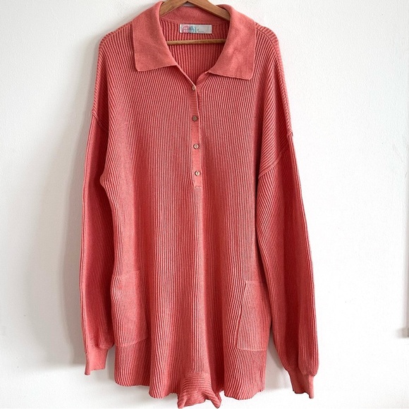 Free People Picnic Romper Ribbed Knit Collared Linen Cotton Salmon Playsuit - Picture 3 of 9